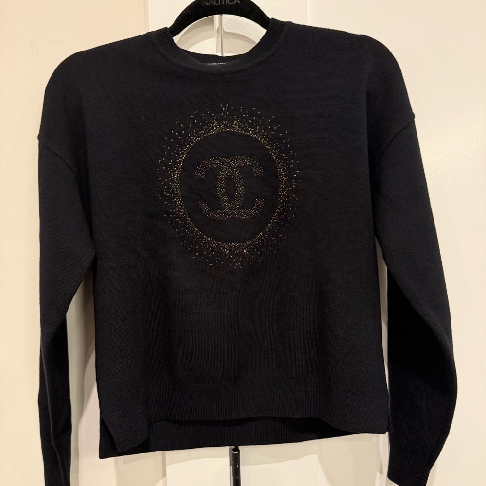 CHANEL Uniform Black Cotton Sweater W Gold Metallic CC Logo Size S designer NEW - Picture 13 of 13